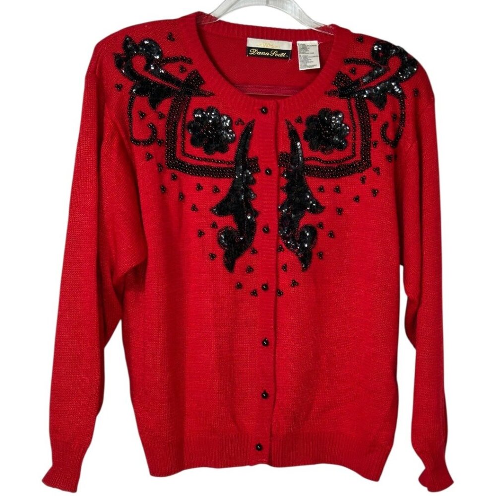 Vintage Dana Scott Red Knit Sweater Cardigan w/ Black Beads & Sequins Size Large